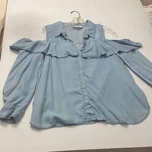 Women's Light Blue Ruffle Off-Shoulder Cold Shoulder Top